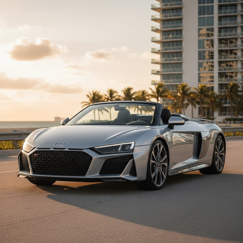 Silver Audi R8 V10 Spyder exotic car rental
