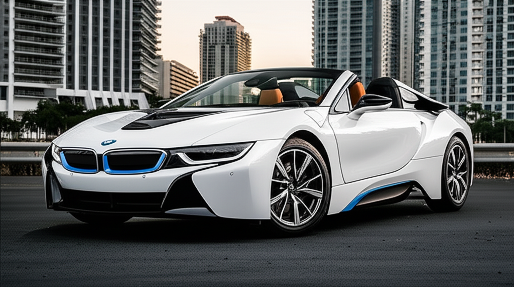 White BMW i8 Roadster exotic car available for rent - luxury vehicle rental