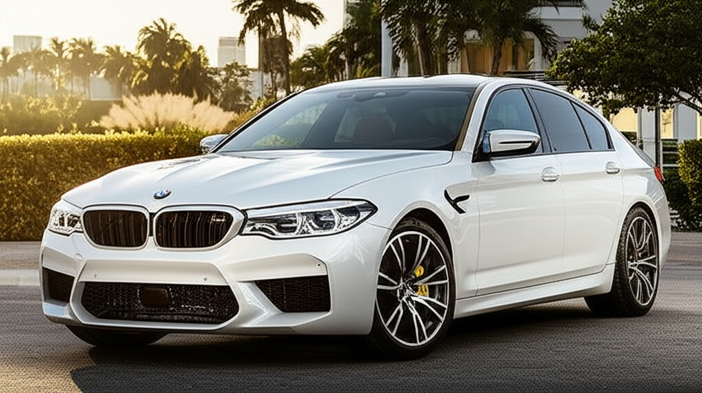 White BMW M5 exotic car available for rent - luxury vehicle rental
