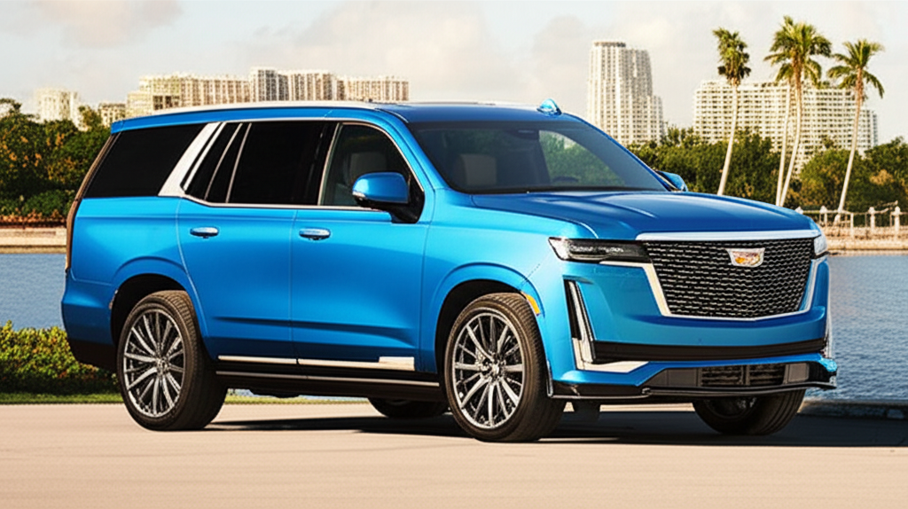 Blue Cadillac Escalade V exotic car available for rent - luxury vehicle rental