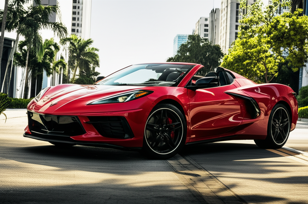 Red Chevrolet Corvette C8 Convertible exotic car available for rent - luxury vehicle rental