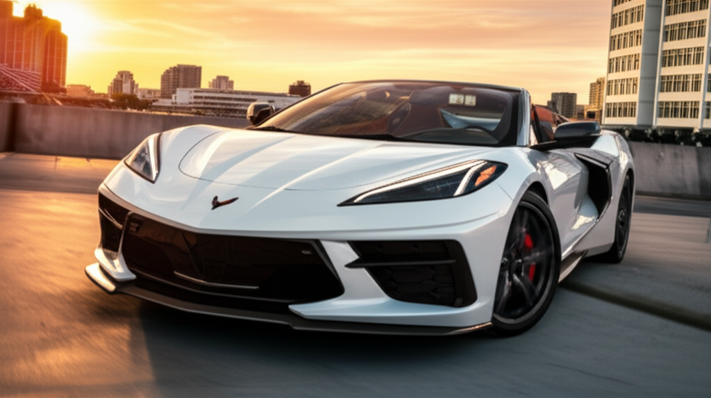 White Chevrolet Corvette C8 E-Ray Convertible exotic car available for rent - luxury vehicle rental