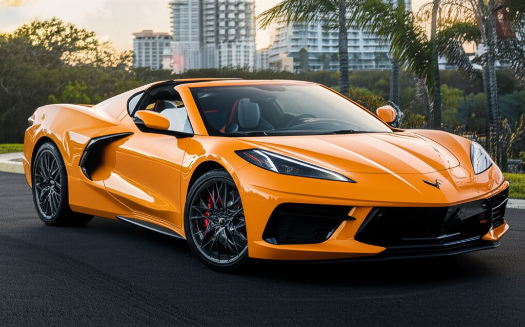 Orange Chevrolet Corvette C8 Stingray exotic car available for rent - luxury vehicle rental