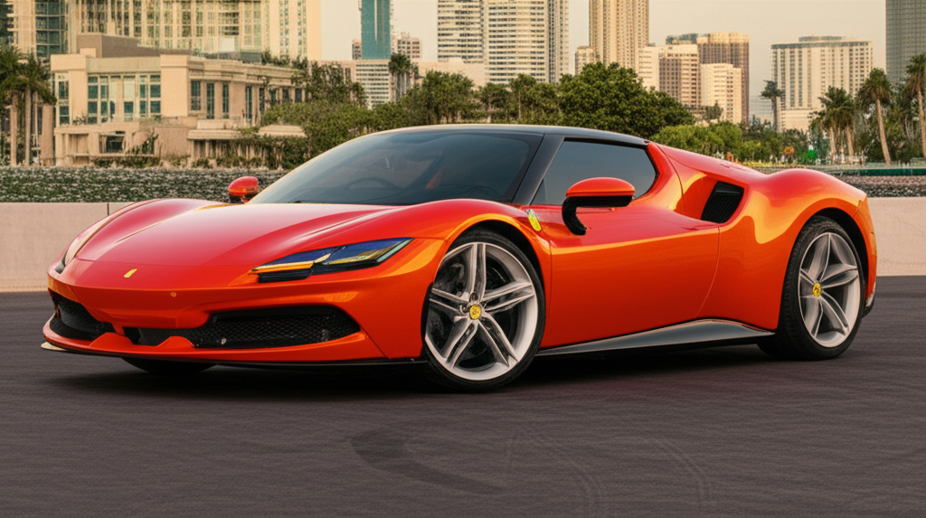 Orange Ferrari 296 GTB exotic car available for rent - luxury vehicle rental