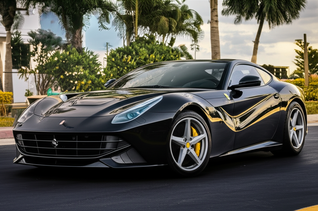 Black Ferrari F12 Berlinetta exotic car available for rent - luxury vehicle rental