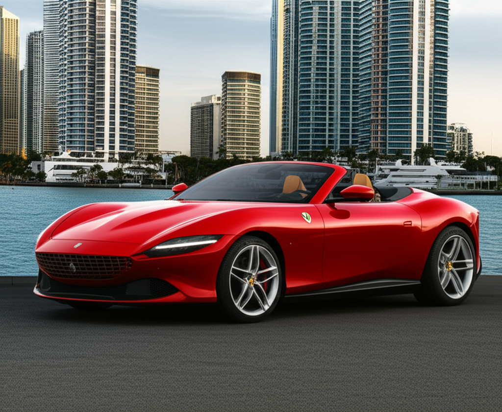 Red Ferrari Roma Spider exotic car available for rent - luxury vehicle rental