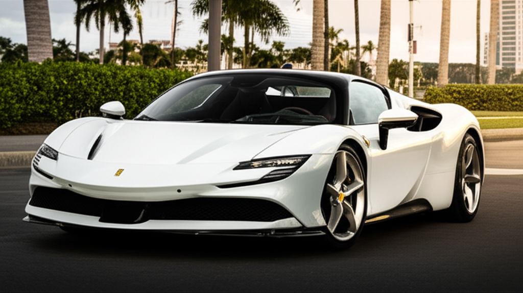 White Ferrari SF90 Stradale exotic car available for rent - luxury vehicle rental