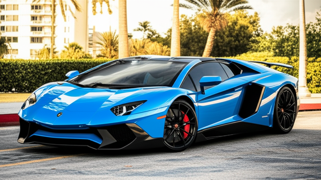 Blue Lamborghini Aventador SV exotic car available for rent - luxury vehicle rental