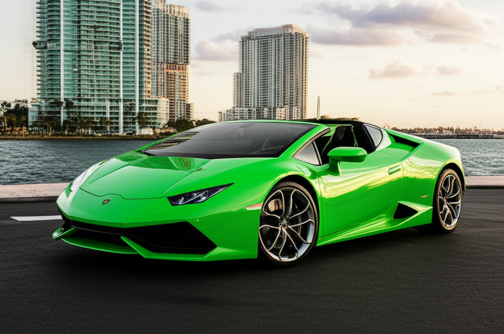 Green Lamborghini Huracan Spyder exotic car available for rent - luxury vehicle rental