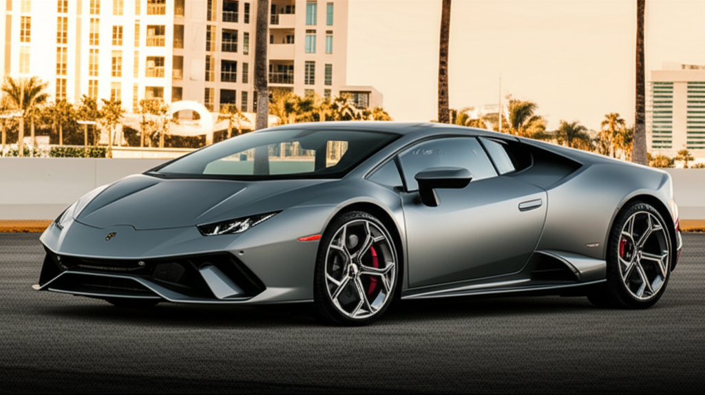 Gray Lamborghini Huracan Tecnica exotic car available for rent - luxury vehicle rental