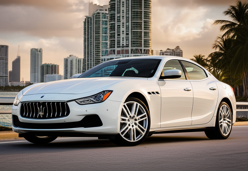 White Maserati Ghibli exotic car available for rent - luxury vehicle rental