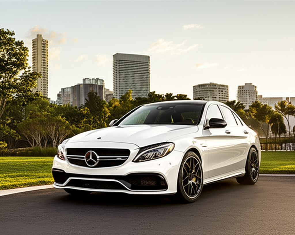 White Mercedes-Benz C63 AMG exotic car available for rent - luxury vehicle rental