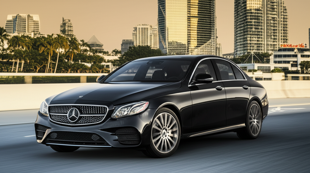 Black Mercedes-Benz E-Class exotic car available for rent - luxury vehicle rental