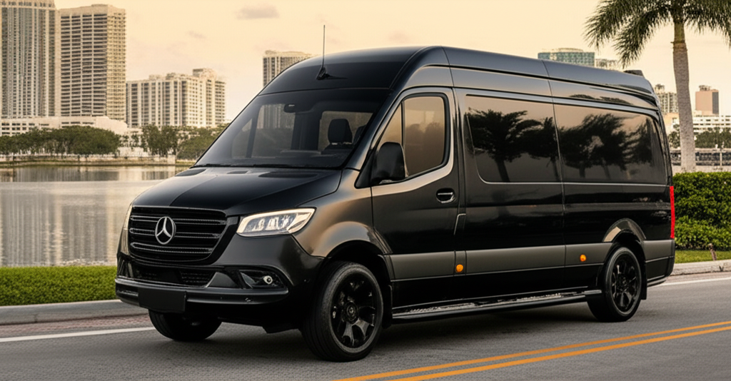 Black Mercedes-Benz Sprinter exotic car available for rent - luxury vehicle rental