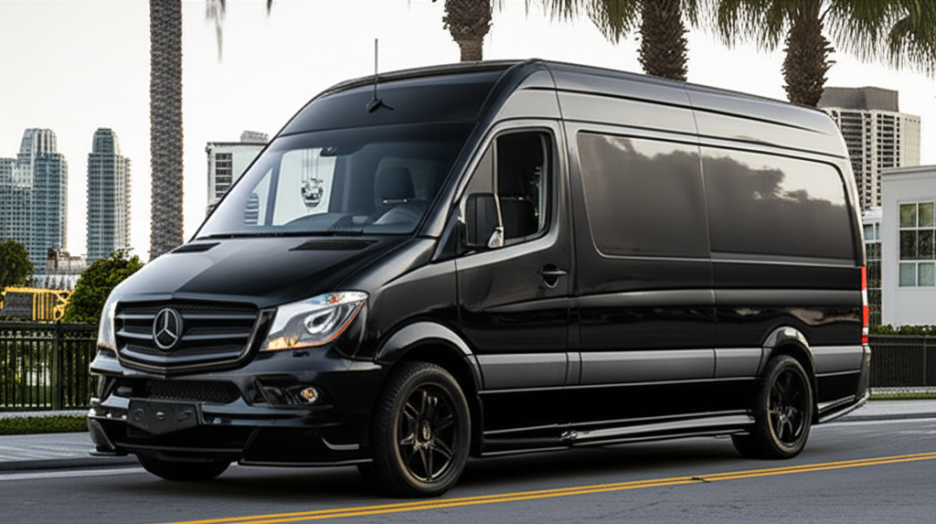 Black Mercedes-Benz Sprinter Van exotic car available for rent - luxury vehicle rental