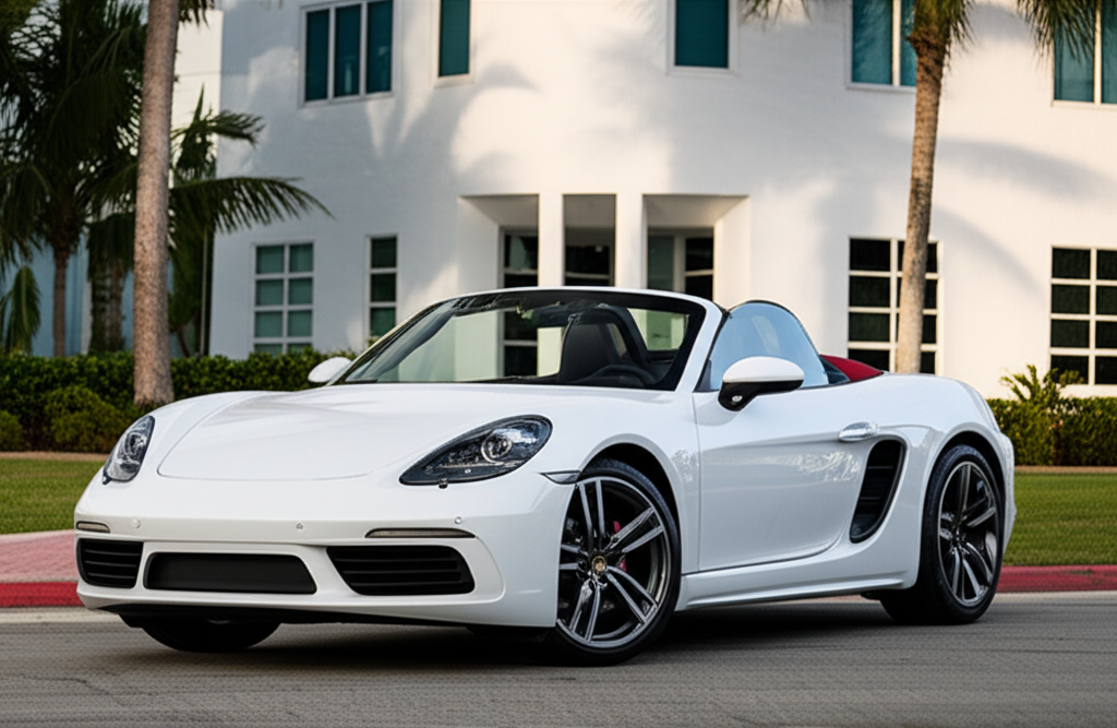 White Porsche 718 Boxster exotic car available for rent - luxury vehicle rental