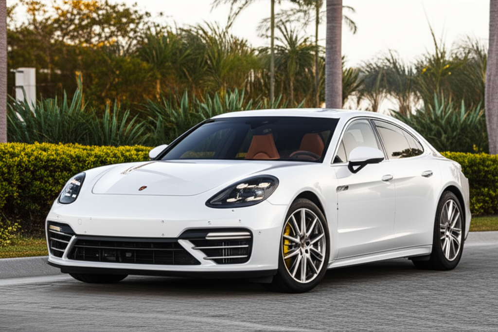 White Porsche Panamera exotic car available for rent - luxury vehicle rental