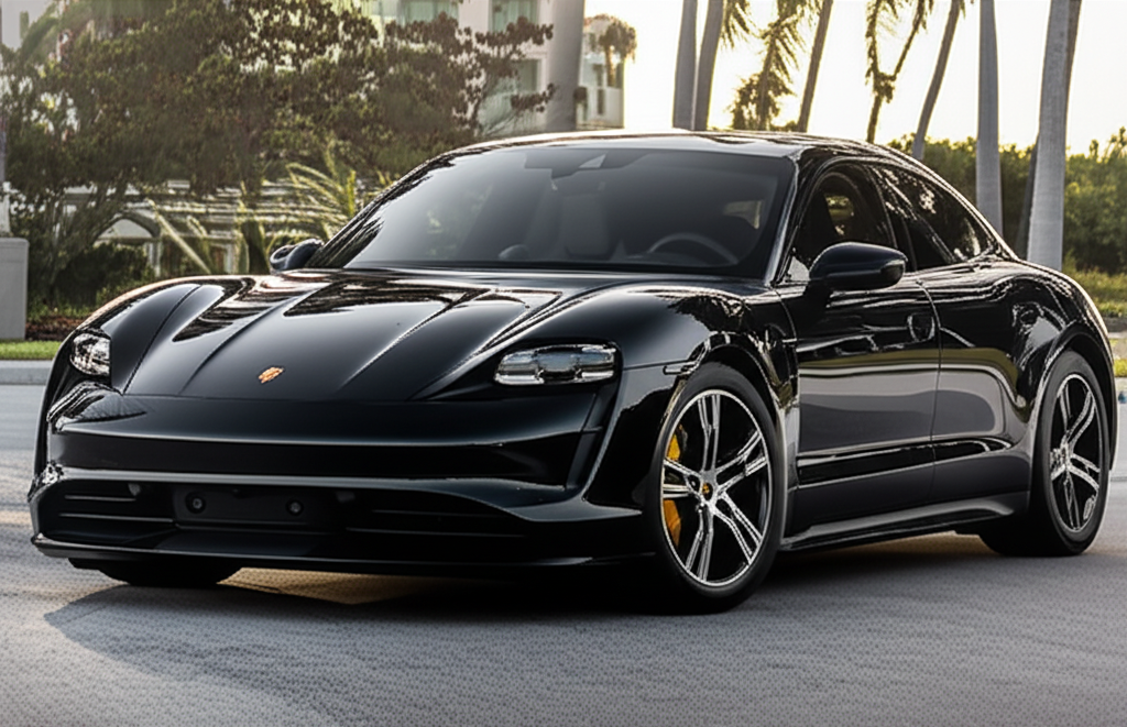 Black Porsche Taycan exotic car available for rent - luxury vehicle rental